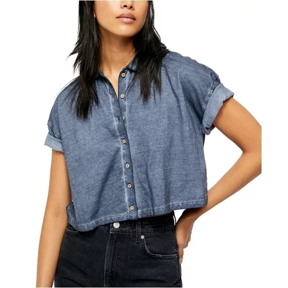 Free People Weekend Rush Button Up Top Navy - Picture 1 of 10